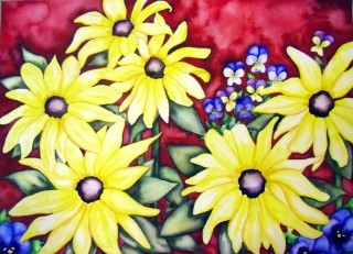 Rudbeckia Black Eyed Susan Pansy Johnny Jump Up Viola Red and Yellow painting flower art