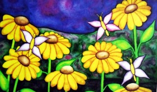 Yellow Daisies smiling Butterflies mountains wet on wet watercolor children's art