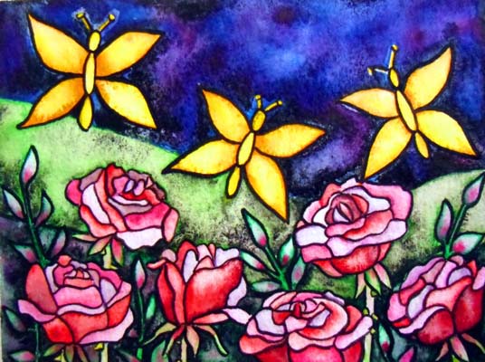 Butterflies red roses watercolor painting Elizabeth Kurtak