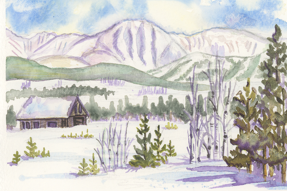 Parry Peak Continental Divide watercolor winter painting Winter Park Colorado