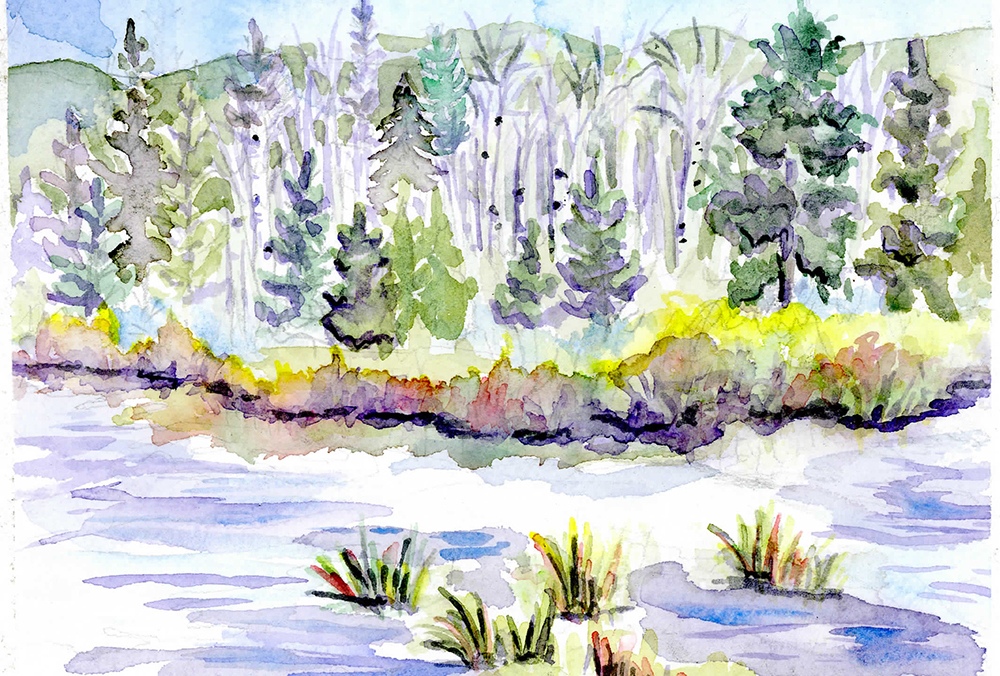 Fraser, Colorado Landscape, River, Creekside, Hiking, fishing, watercolor, art, painting, plein air