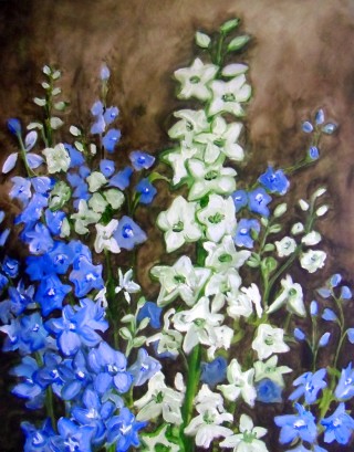 delphinium blue white flowers oil painting