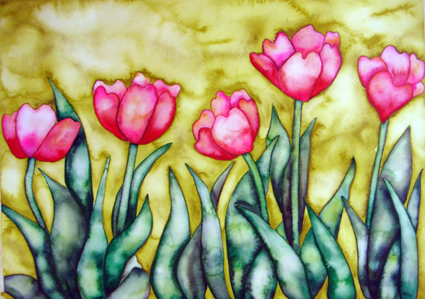 Pink Tulips Fauve art watercolor wet on wet Elizabeth Kurtak Art Gallery Winter Park. Colorado