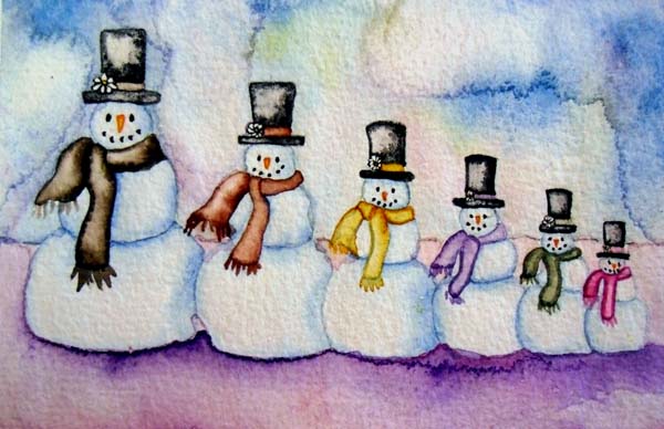 snowman snowmen watercolor painting winter positive love affordable original art